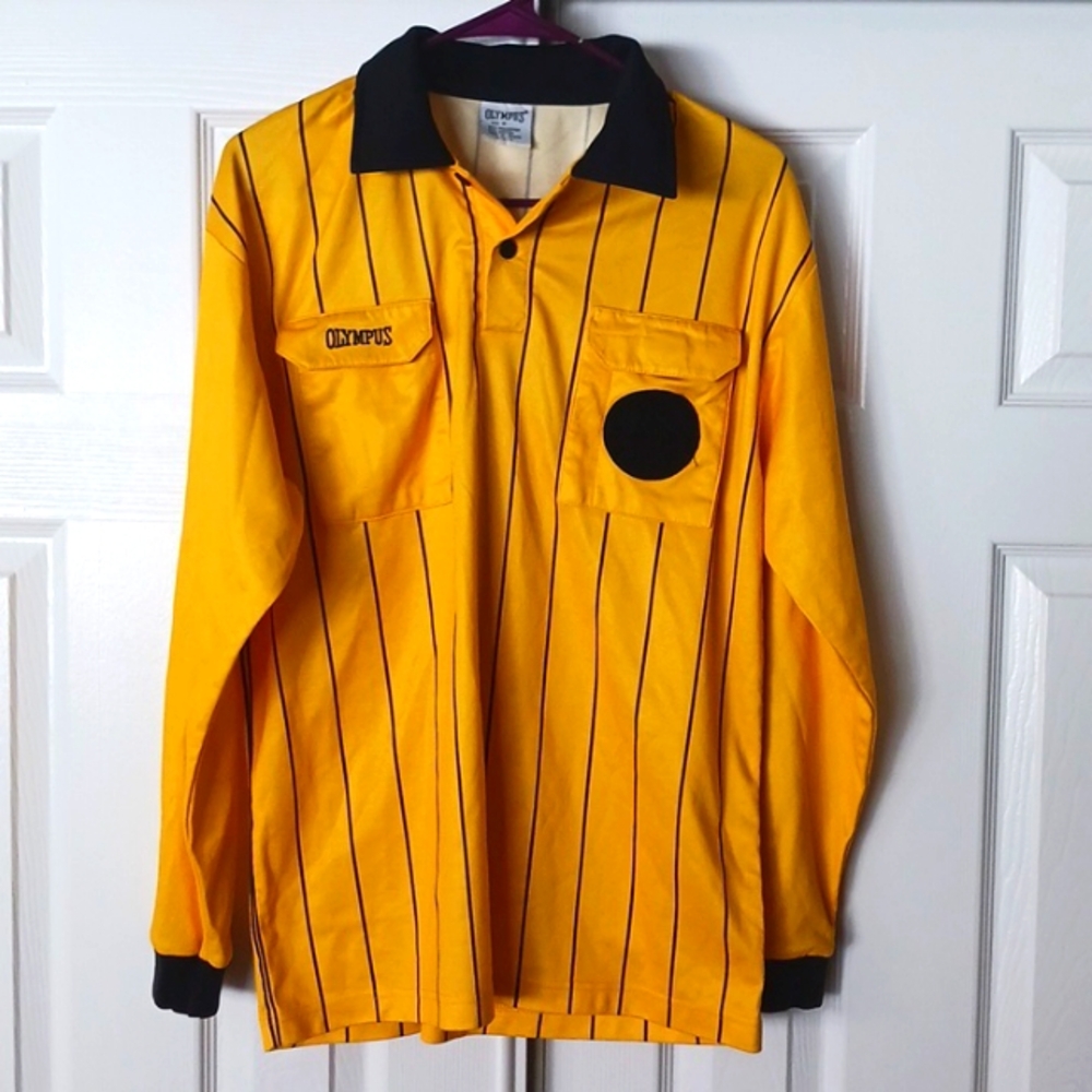 Soccer Referee LS shirt AM, yellow w/black stripes 2 front velcro close pockets